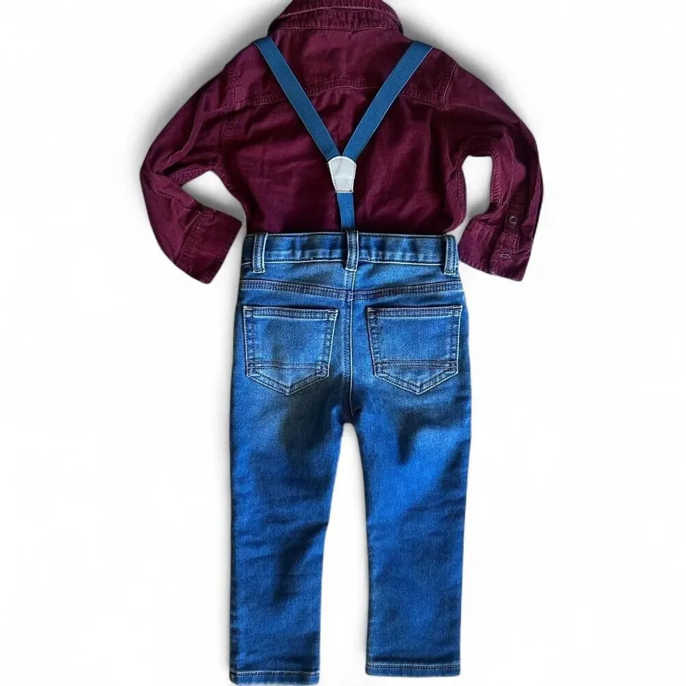 Gap boys 2T Carter's Blue jean overalls & Burgundy‎ baby gap shirt EUC